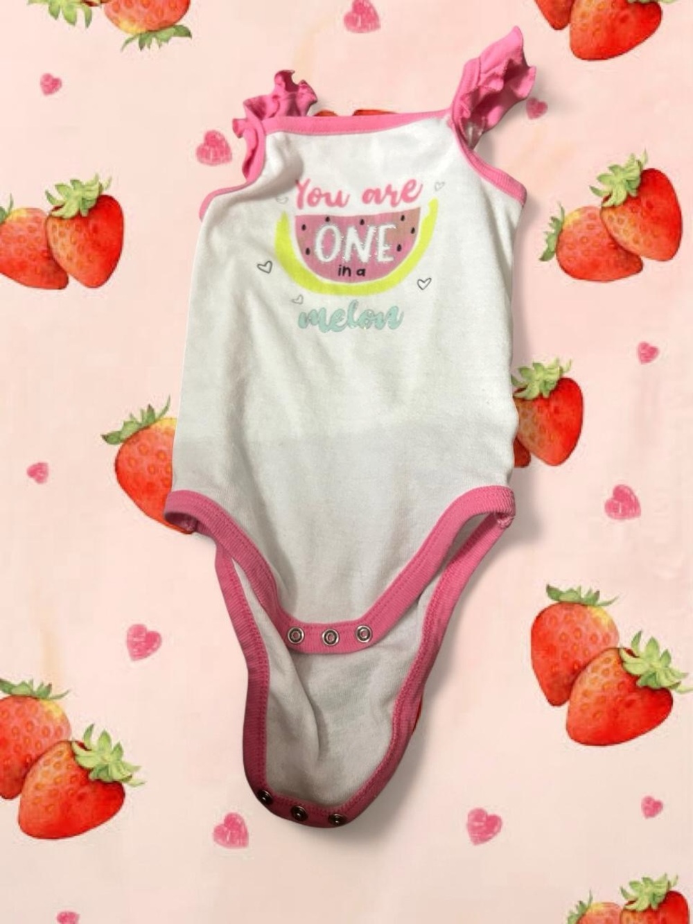 White & Pink 'You Are One in a Melon' Baby Girl Sleeveless Bodysuit